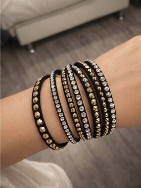 Swarovski Black Wrap Bracelet / choker with Gold Studs and Clear Crystals